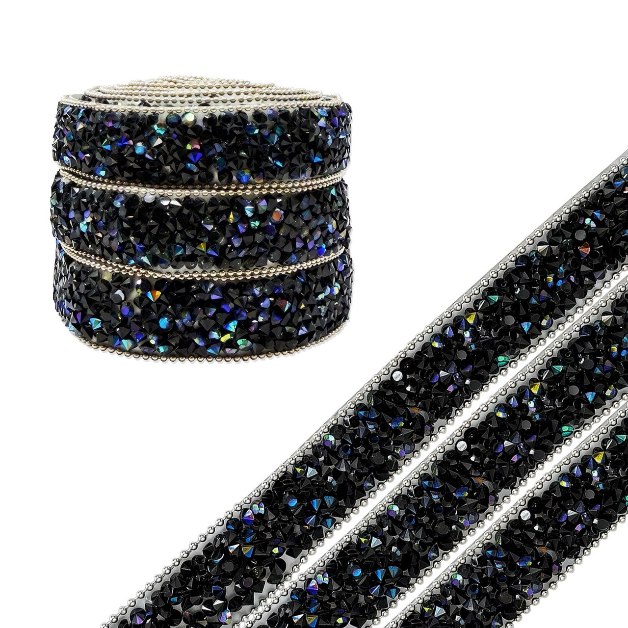 Wrapables 3 Yards Self Adhesive Resin Rhinestone Ribbons, Glittery Bling Tape Strips for DIY Crafts Wedding Party Decoration (3 Rolls), AB Black